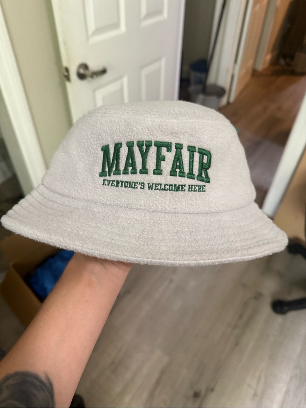 Mayfair White Fleece Bucket Hat with Green Embroidery